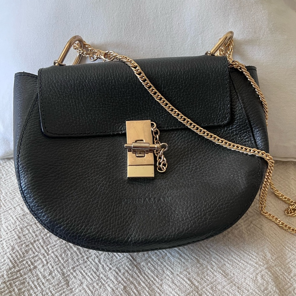 Persaman New York Black Leather Crossbody Bag with Gold Chain